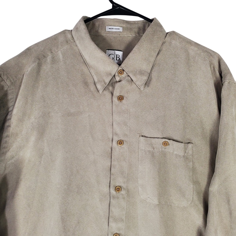 Geoffrey Beene Mens XXL Micro Suede Button Down Shirt Tan Khaki Long Sleeve